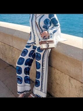 Zara White Wide-Leg Pants And Shirt with Blue Medallion Print